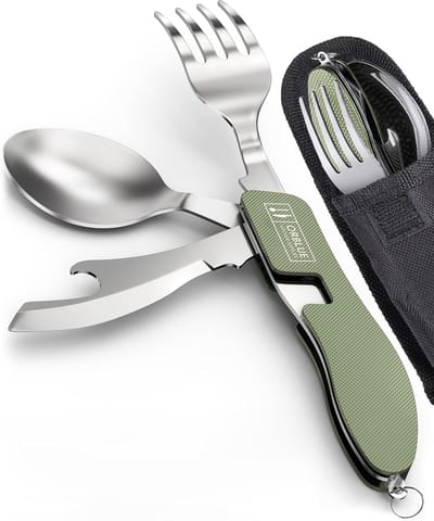 Famanu – 4-in-1 kampeergerei set, roestvrijstalen lepel, vork, mes en blik/flesopener, compact en draagbaar voor outdoor gebruik