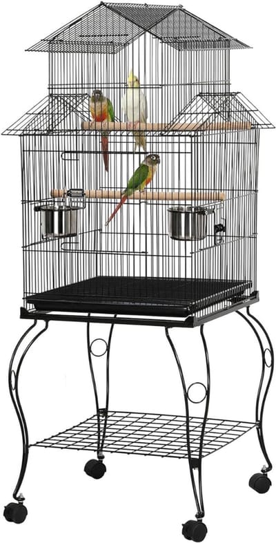 NBAP® Luxe Grootte Papegaaienkooi op Wielen - Parkietenkooi - Grote Vogelkooi voor Binnen - Inclusief Speelgoed - Met Badhuis - 59x59x140cm - Zwart