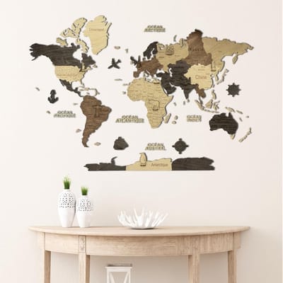 Houten Wereldkaart Decoratie - Muurdecoratie Hout - Woonkamer Verfraaien - Gedetailleerd Ontwerp - 80x55 cm - Multicolor