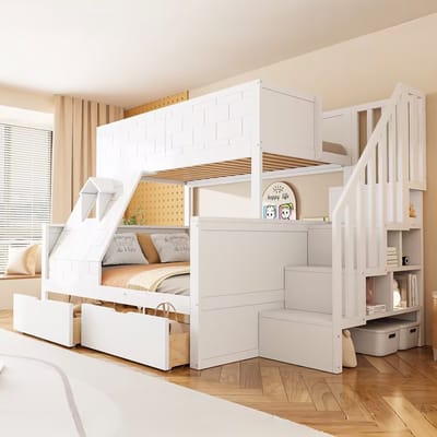 DESMIU Stapelbed 90x200cm – Veilig Kinderbed Met Trap En Opbergruimte – Onderbed 140x200cm Met Laden En Raam – Voor Kinderkamer – Hout – Wit – Zonder Matras
