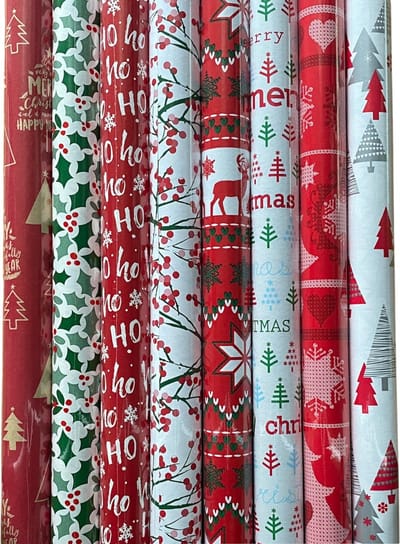 FESTIVE GIFTS Inpakpapier - Cadeaupapier - 300 x 70cm - 8 rollen - Kerst - Luxe Cadeauverpakking - Kleurrijk