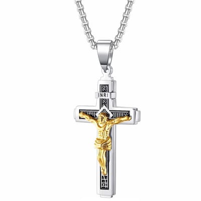 Fako Bijoux - Cubaans Kruis Jesus Voor Mannen - HD Ketting Met Kruis - Heren Ketting - Holy Cross - 29x55mm - 55cm - 2mm - Stainless Steel - RVS - Staal - Zilver/Goud