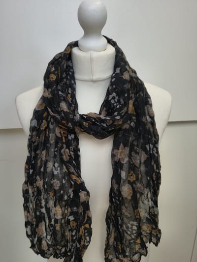 Lange dames sjaal Aliya-gebloemd motief-blauw wit groen abrikoos donkerblauw grijs