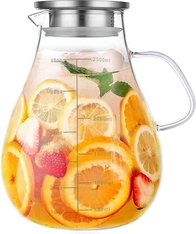 Glazen Waterkruik 2500 ml met Bamboe Deksel - voor IJsthee, Sap en Warm Water - met Schaalverdeling
