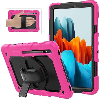 Tablet Hoes Geschikt voor: Samsung Galaxy Tab S8 2022 / Tab S7 2020 11 inch SM-X700/X706/T870/T875/T876 Schokbestendig met ingebouwde Screenprotector | Incl.Handriem en Schouderriem | Extreme bescherming - Zwart met Roze rand