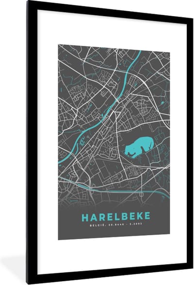 Fotolijst incl. Poster - België – Harelbeke – Stadskaart – Kaart – Blauw – Plattegrond - 80x120 cm - Posterlijst