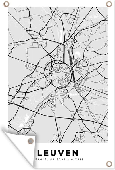 Muurdecoratie Zwart Wit – België – Plattegrond – Stadskaart – Kaart – Leuven - 120x180 cm - Tuinposter - Tuindoek