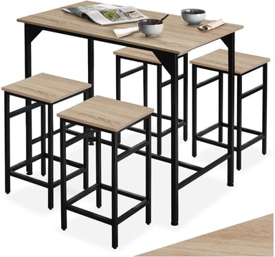 tectake® Bartafelset 5-delig - Bartafel met 4 barkrukken - Bistro bartafel met kruk - Industrieel design - Zwart metalen frame - Draagkracht tafel 75 kg kruk 150 kg - Afmeting (LxBxH) tafel 100 x 60 x 88,5 cm kruk 32 x 32 x 58 cm - Lichtbruin