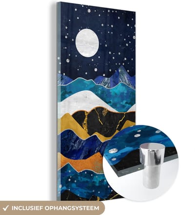 MuchoWow® Glasschilderij 20x40 cm - Schilderij acrylglas - Nacht - Goud - Marmer - Abstract - Landschap - Berg - Foto op glas - Muurdecoratie woonkamer - Wanddecoratie slaapkamer - Schilderijen