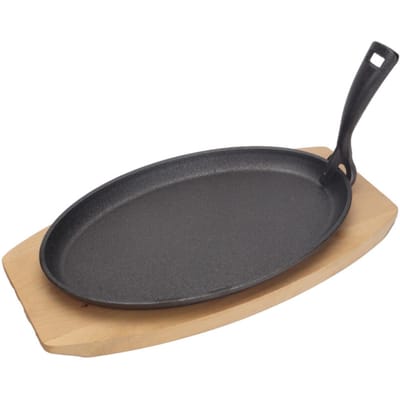 HENDI Gietijzeren schaal met houten onderlegger en greep – 280x140x30 mm – zwart