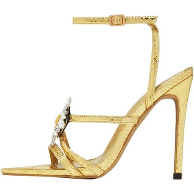 Liyke Designer Kristallen Bloem Gesp Smalle Band Goud Sandaal Dames Zomerschoenen Sexy Serpentine Puntige Neus Feest Stripper Hakken 39