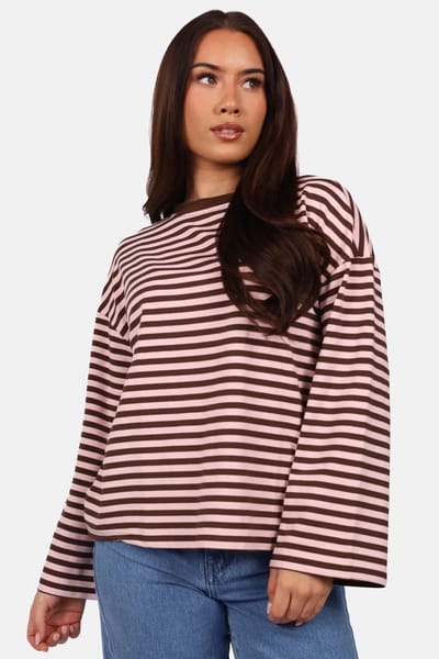 Getdrezzed Top - Maat: L - Gestreepte longsleeve in bruin en lichtroze
