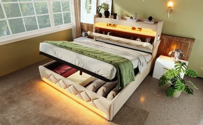 Wishdor – Gestoffeerd Bed 140x190 cm – LED 360° & USB‑C Snellader – Hydraulische Opbergruimte – Linnen Beige