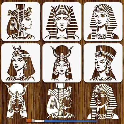 6 Stuks Egyptische Godin Sjablonen met Kwast 20x20cm - Sjablonen voor Muurdecoratie, Schilderen en DIY Creaties met Egyptische Thema's