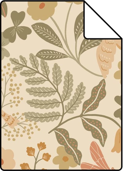 Proefstaal ESTAhome behang bloemen en vogels oranje en vergrijsd groen - 26.5 x 21 cm - 131393-S