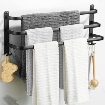 handdoekhouder, handdoekrek zwart mat handdoekstang met handdoekhouders en haakdesign, handdoekhouder muur, handdoekhouder zonder boren (40 cm, drie stangen)