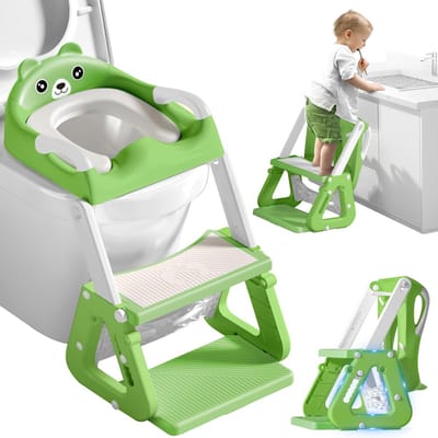 Toiletbril voor kinderen met ladder, toiletbril voor kinderen, zachte gevoerde zitting en geavanceerde spatbescherming, opvouwbaar, antislip, geschikt voor V-vormige toiletten, U of O