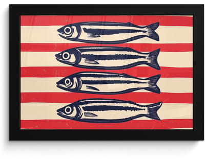 Poster in lijst - Fotolijst 30x20 cm - Posters - Sardines - Rood en beige strepen - Posterlijst zwart - Decoratie - Wanddecoratie woonkamer - Muurdecoratie slaapkamer