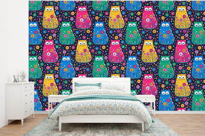 Behang - Fotobehang Kat - Regenboog - Bloemen - Breedte 320 cm x hoogte 240 cm