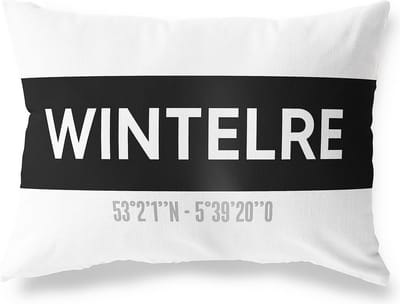 Tuinkussen WINTELRE - NOORD-BRABANT met coördinaten - Buitenkussen - Bootkussen - Weerbestendig - Jouw Plaats - Studio216 - Modern - Zwart-Wit - 50x30cm