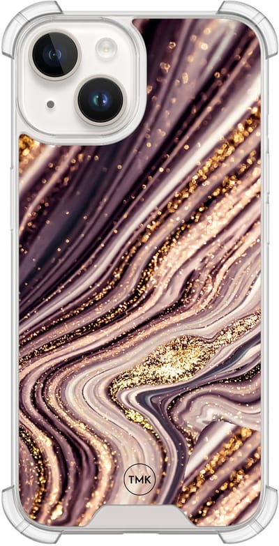 Shockproof hoesje geschikt voor Apple iPhone 14 - Golden pink marble - Schokbestendig - Verhoogde randen - TPU case - Extra Sterke Back Cover - Marmer - Transparant, Roze, Goud