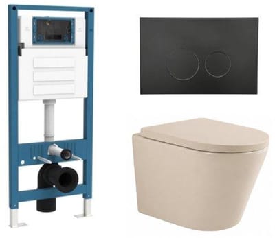 QeramiQ Dely Toiletset - inbouwreservoir Qeramiq Flush - 35mm zitting - metaal mat zwarte bedieningsplaat - ronde knoppen - beige