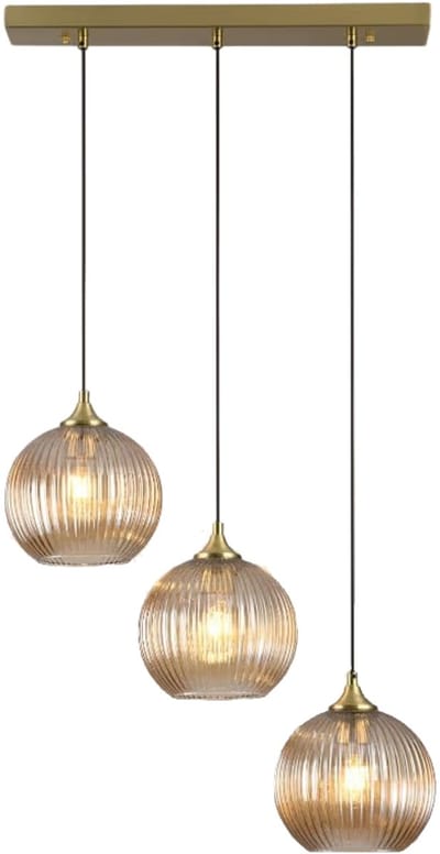 Lusenz - Hanglamp eettafel - 3 lichts Amber glas - Design hanglamp - E27 Fitting - Dimbaar - Goud - Voor Eetkamer, gang, woonkamer, slaapkamer - Hoogte verstelbaar - Moderne hanglamp