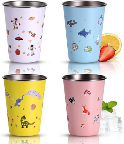 SnelShoppen - Pack van 4 Kindercups 350ml RVS Drinkbekers voor Kinderen, BPA-vrij, Veilig en Duurzaam voor Thuis en Op Reis, Leuke Patroon Ontwerpen