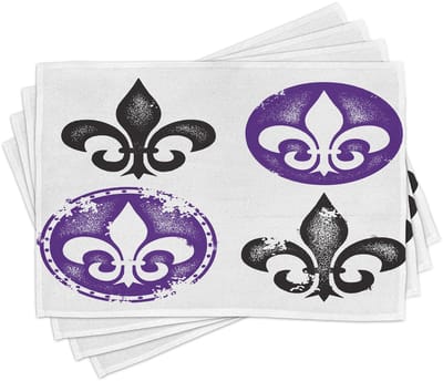 ABAKUHAUS Fleur-de-Lis placematten, collectie Fleur-de-Lis-ontwerpen, Vintage silhouetten, artistieke spiraalkunst, tafeldecoratie van kleurvaste stoffen voor eetkamer en keuken, paars en zwart