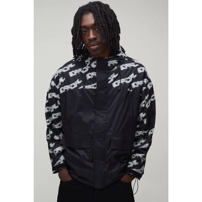 Oversized Boxy Reflecterende Bedrukte Cagoule Met Capuchon | Black | Size XS