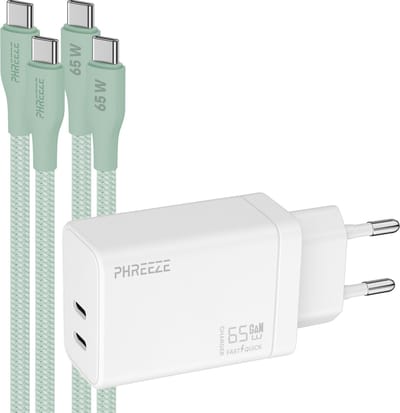 Phreeze usb C oplader 65 W - Laptop power adapter met 2 usb C naar usb C kabels 1m groen - Dual port snellader