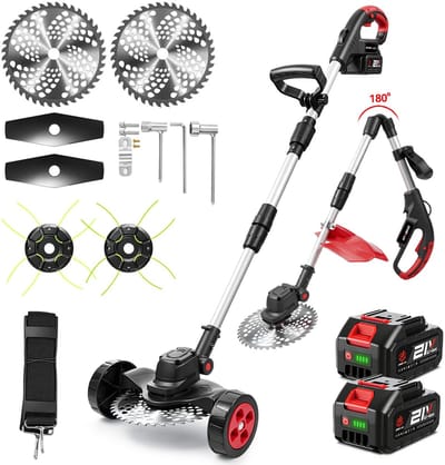 ONEVAN Elektrische Bosmaaier - 23 cm Accu Grastrimmer - Borstelloze Kantenmaaier - Met 2 Accu's - Telescopische steel - Voor Tuin En Erf