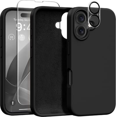 Stravo Siliconen Hoesje geschikt voor iPhone 17 , Zwart, Met 1X Screenprotector + 1X Cameralensbeschermer, [Zachte Krasbestendige Microvezelvoering], Vloeibare Siliconen Schokbestendige Beschermende Telefoonhoes
