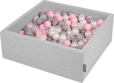 KiddyMoon Ballenbak vierkant voor kinderen 90x30cm - 300 kleurrijke ballen ∅7cm - Speelgoed baby schuim - Ballenbad baby foam - Kunststof ballen - Ballenbak ballen - Voor sensorische - Lichtgrijs: Parel Grijs Transparant Roze