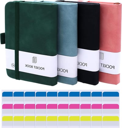 Set van 4 Kleine A7 Notitieboekjes met 200 Pagina's, Mini Notepad, Ideaal voor School en Werk, Inclusief 30 Plakstrips en Penhouder in 4 Kleuren