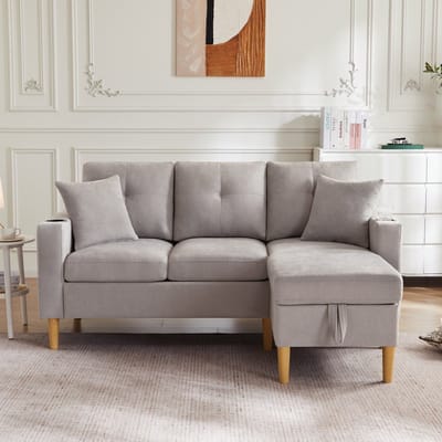 L-vorm bank met chaise longue en opbergruimte - woonkamer, kantoor of appartement - 3 personen, 175x129x90 cm - geïntegreerde drankhouders - verborgen opbergvak - incl. 2 kussens