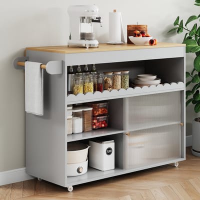 PHOEBE CAT Dressoir - Kast met wielen - Houtlook - Glazen schuifdeuren - Verstelbare planken - Grijs + Naturel