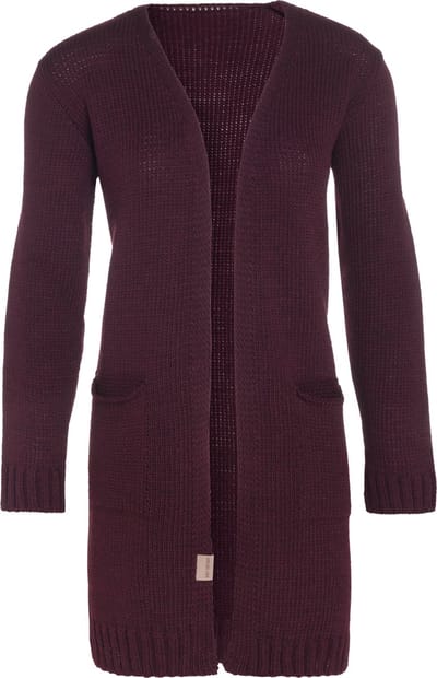 Knit Factory Ruby Gebreid Vest Aubergine - Gebreide dames cardigan - Middellang vest reikend tot boven de knie - Paars damesvest gemaakt uit 10% wol, 5% Alpaca, 10% viscose en 75% acryl - 36/38 - Met steekzakken