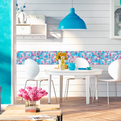 Zelfklevende tegelmuurstickers voor keuken en badkamer - 9 Scandinavische cementtegelstickers in blauw en Baltisch roze - 9 stickers, 10x10 cm