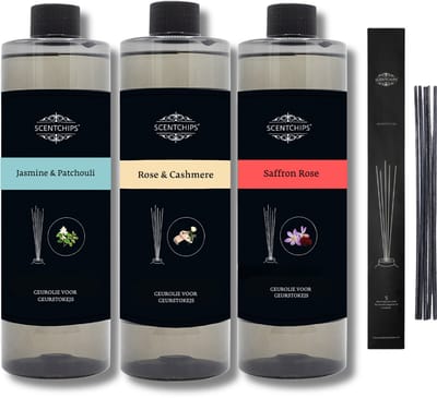Navulling Jasmine & Patchouli + Rose & Cashmere + Saffron Rose + Geurstokjes - Geurstokjes Navulling Set van 3 + 5 Geurstokjes - Geurverspreider - Luchtverfrisser - Huisparfum - 400ml x 3