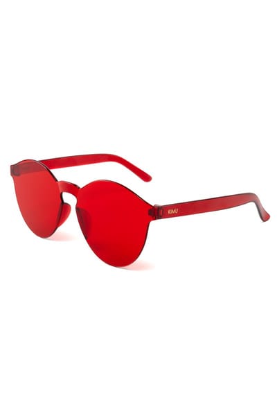 KIMU® Zonnebril Larry - Zonder Montuur - Rode Glazen - Dames Heren Retro Kunststof Vintage Designer Montuurloos Rood Festival