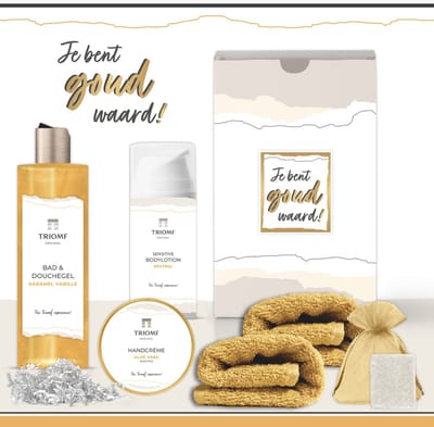 Geschenkset “Je bent goud waard!”- 6 producten - 600 gram - Triomf Cosmetica | Giftset voor haar Cadeautje Vrouw Valentijn Cadeaupakketje Geschenk Collega Vrijwiliger Zorg Cadeau Bedankt Pakket Kerst Kerstpakket Moeder Moederdag Gift Set Geel