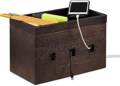 Famanu – Kabelbox bamboe - multi-oplaadstation - kabels verstoppen - kabelmanagement - 3 vakjes - HBD: 16,5x25,5x14cm - bruin