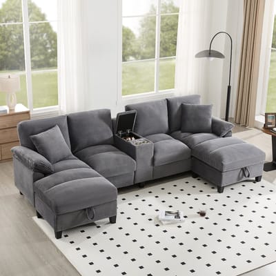Sweiko U-vormige bank - 4-zits - Corduroy - Met 2 kussens - 2 bekerhouders - USB-poorten - Grijs