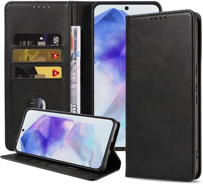 Smartphonica Telefoonhoesje Geschikt voor Samsung Galaxy A55 Kunstleer met Magnetische sluiting en Pasjeshouders Bookcase met Klepje - Zwart geschikt voor Samsung Galaxy A55
