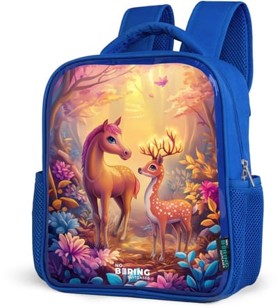 NoBoringSuitcases.com® - Rugzak blauw - Schooltas jongens - Paard en hert in een roze sprookjesbos - Kinder rugtas jongen - Boekentas kind - Kinderrugzak voor school - Schoolrugzak