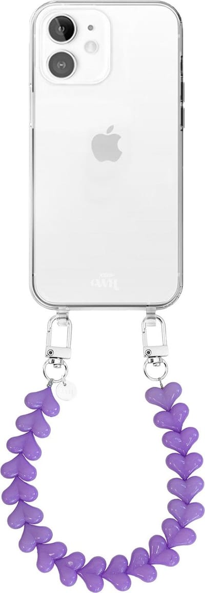 xoxo Wildhearts siliconen hoesje - Geschikt voor iPhone 12 hoesje - Funky Hearts - Telefoonhoesje - Hoesje met koord - Paars koord - kort telefoonkoord - Hartjes ketting - Transparant hoesje