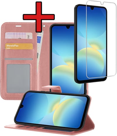 Hoesje - Met Screenprotector - Geschikt voor Samsung Galaxy A26 - Luxe Pasjeshouder - Flipcase - Bookcase Portemonee - Flip Case - Kunstleer Book Case - Book Cover - Walletcase - Portemonneehoes - Telefoonhoes - Rosé goud
