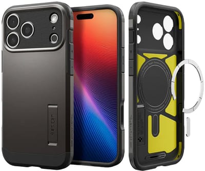 Spigen Tough Armor T MagFit - Hoesje Geschikt voor Apple iPhone 17 Pro - Compatibel met MagSafe / Qi2 - Back Cover met Standaard - Gunmetal
