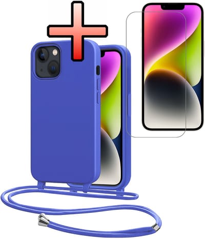 Hoes Geschikt voor iPhone 13 Mini Met Telefoonkoord Met Screenprotector - Siliconen Hoesje Backcover Met Ketting - Felblauw